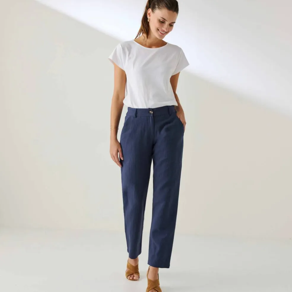 Pantalon coupe mom coton-lin uni