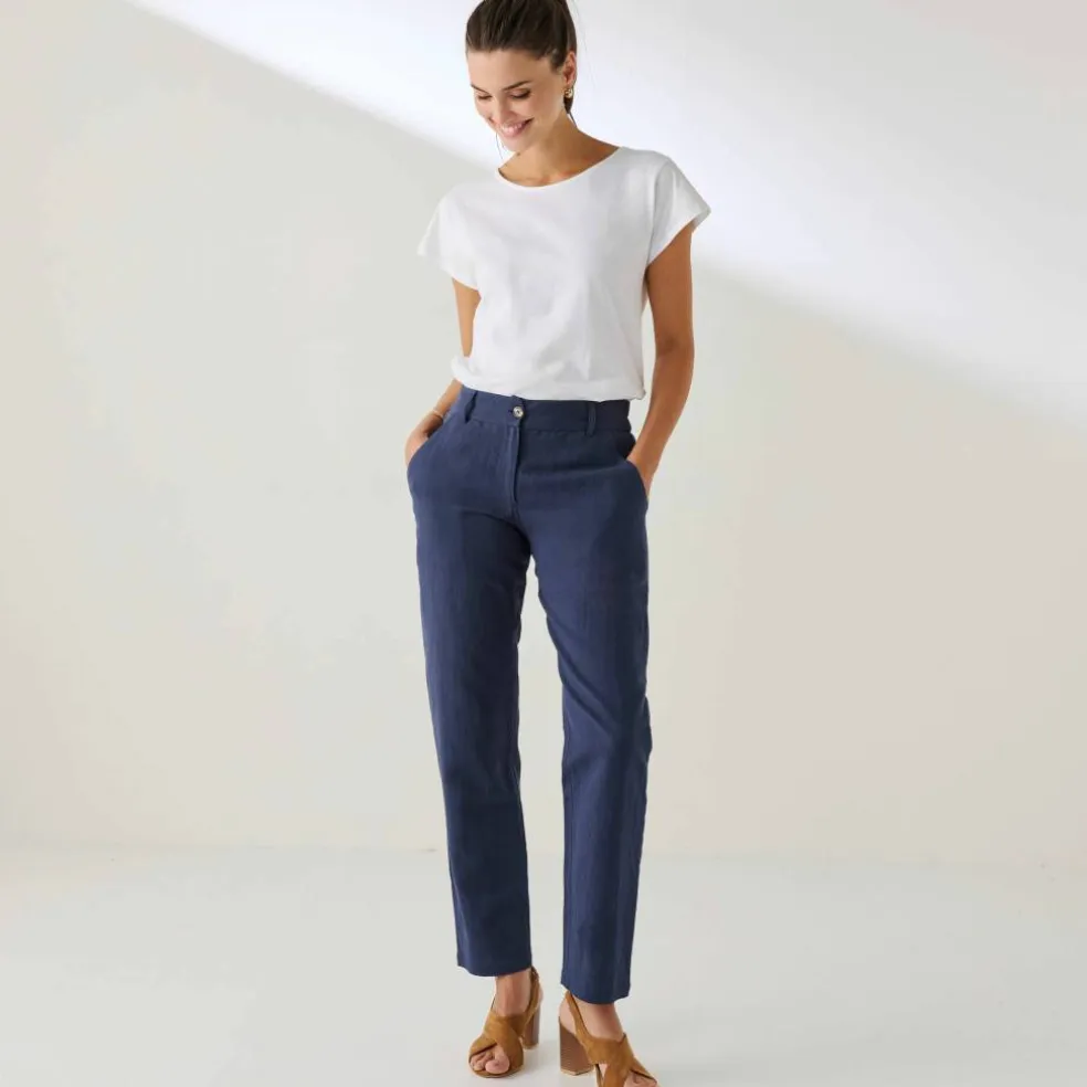 Pantalon coupe mom coton-lin uni