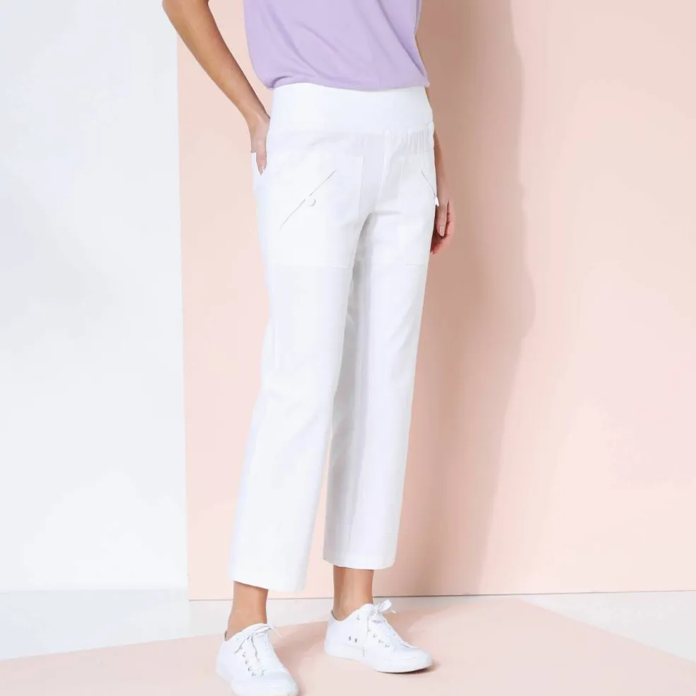 Pantalon droit 7/8ème, taille élastiquée, lin coton