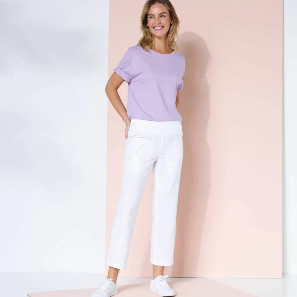 Pantalon droit 7/8ème, taille élastiquée, lin coton