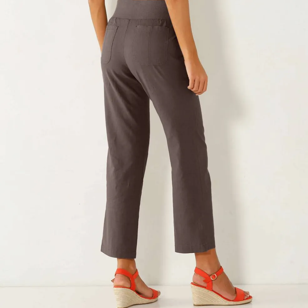 Pantalon droit 7/8ème, taille élastiquée, lin coton