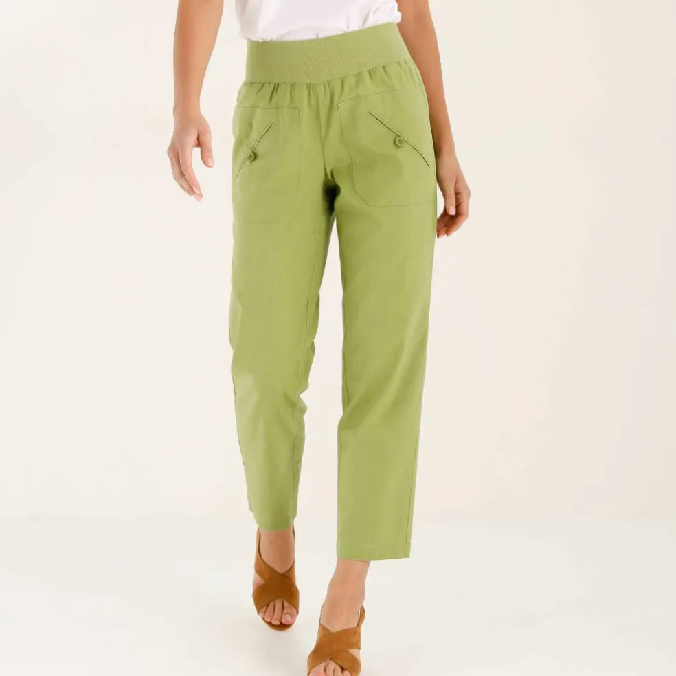 Pantalon droit 7/8ème, taille élastiquée, lin coton