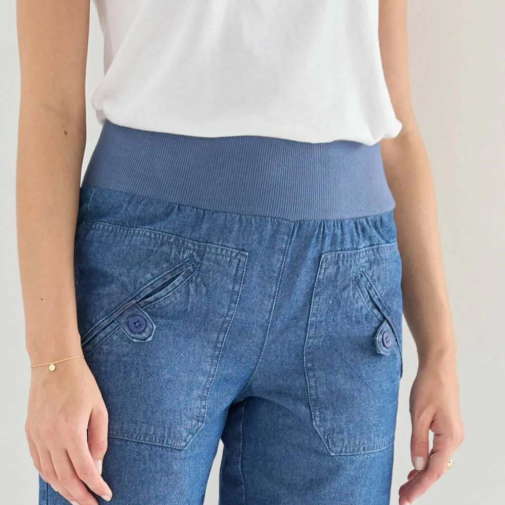 Pantalon droit 7/8ème, taille élastiquée, denim