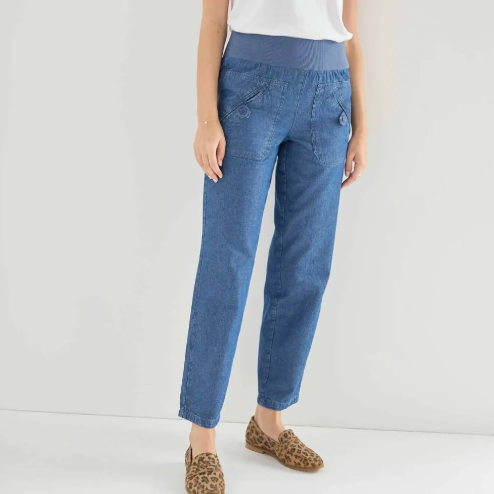 Pantalon droit 7/8ème, taille élastiquée, denim