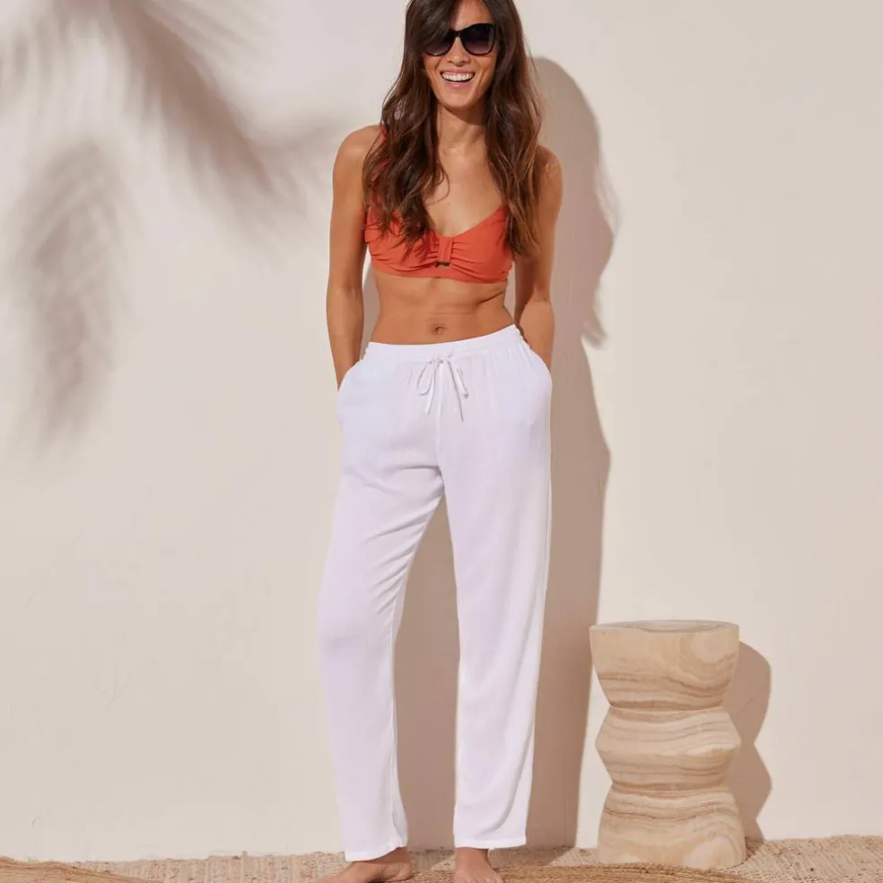 Pantalon droit uni, crépon fluide