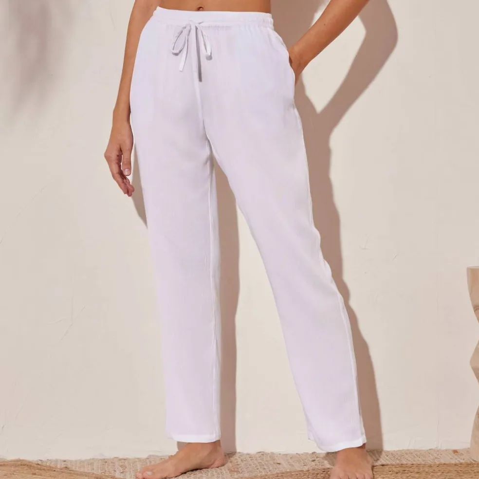 Pantalon droit uni, crépon fluide