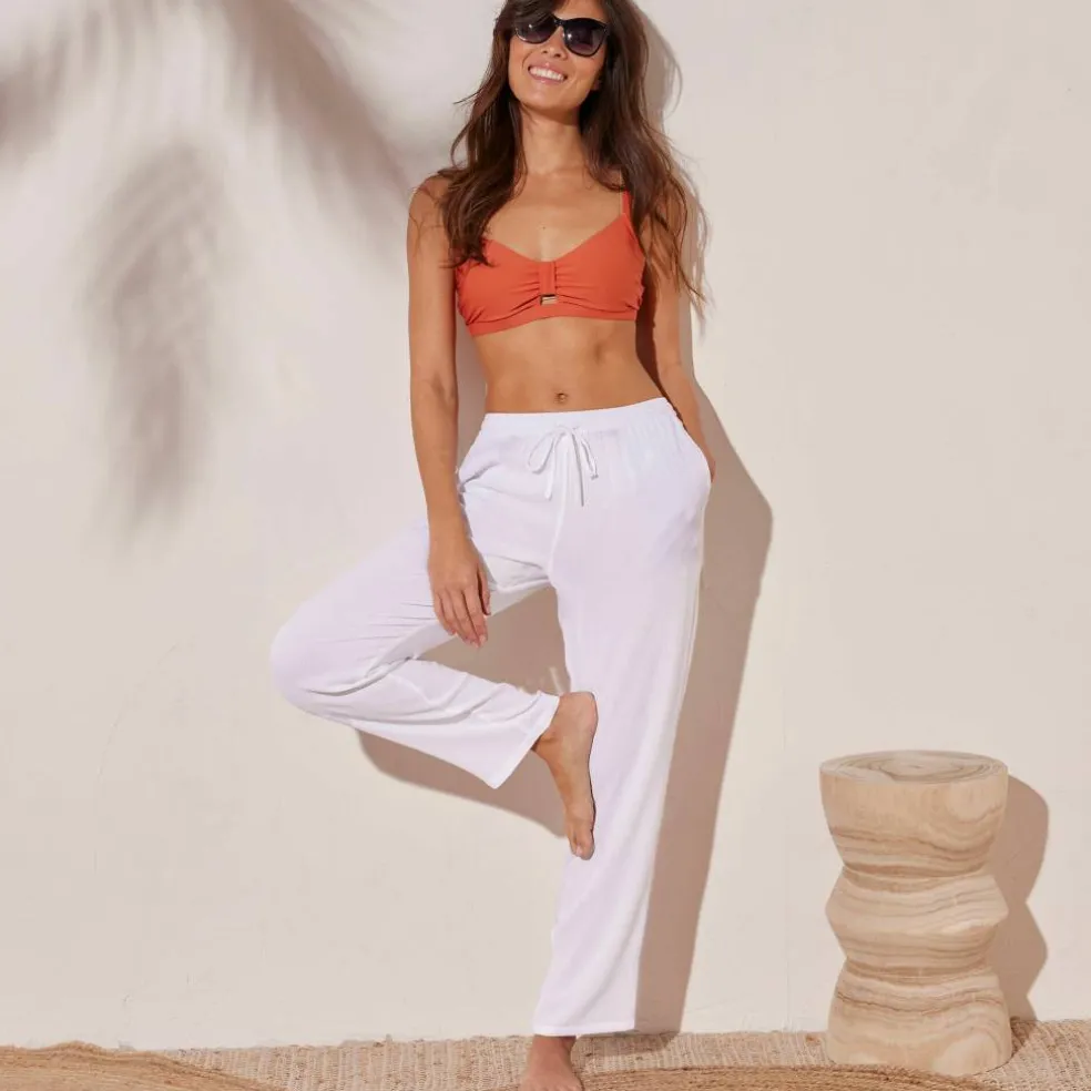 Pantalon droit uni, crépon fluide