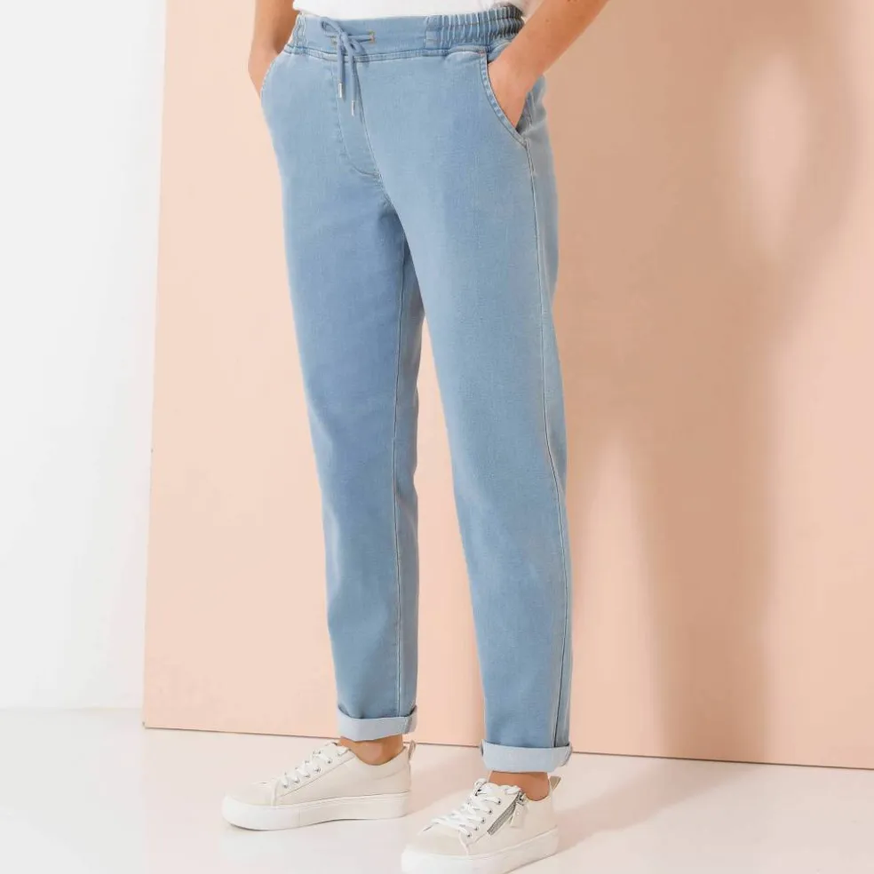 Pantalon jogpant maille effet jean, ceinture élastiquée