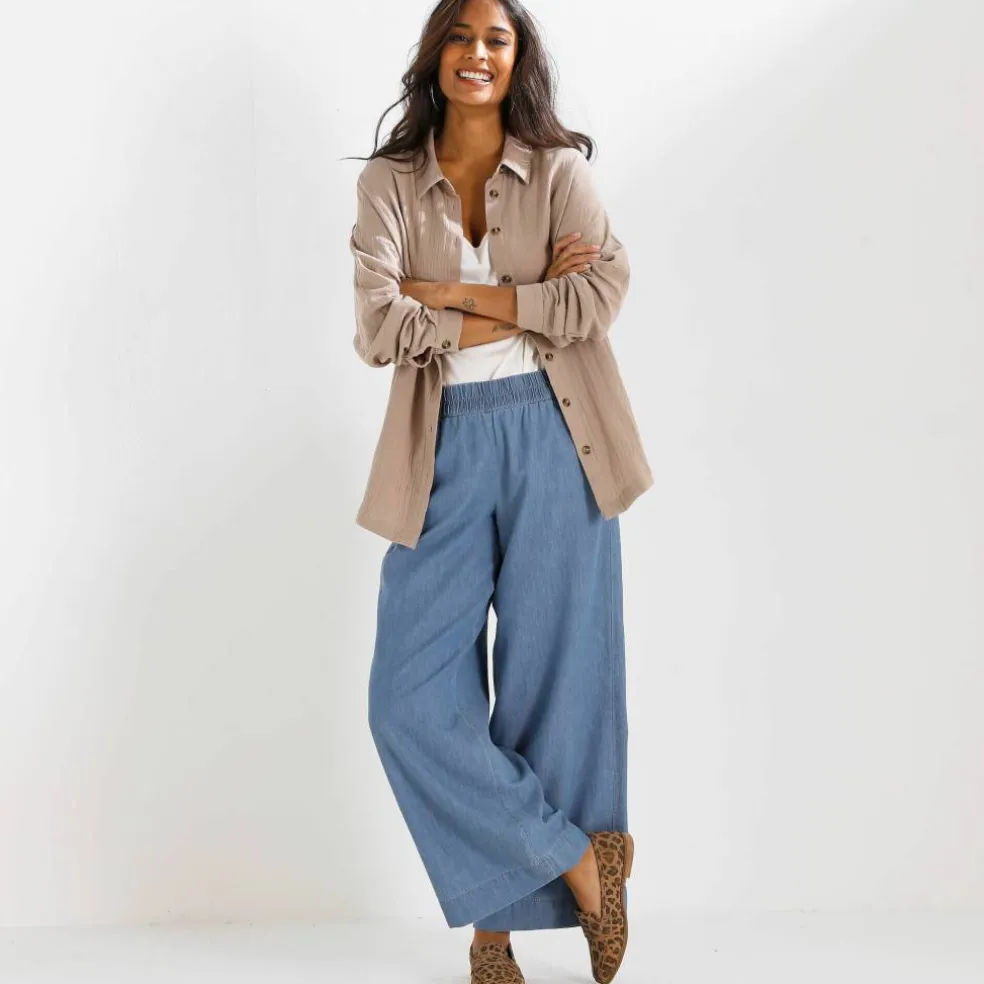 Pantalon large en jean léger, taille élastiquée
