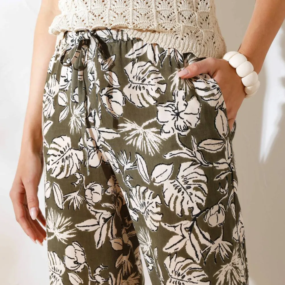 Pantalon large fluide, imprimé végétal