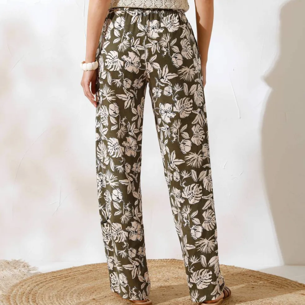 Pantalon large fluide, imprimé végétal