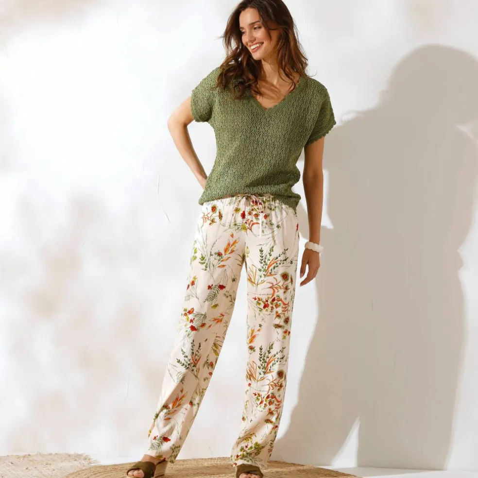 Pantalon large fluide, imprimé fleuri