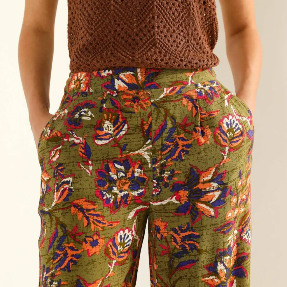 Pantalon large fluide, imprimé fleurs indiennes
