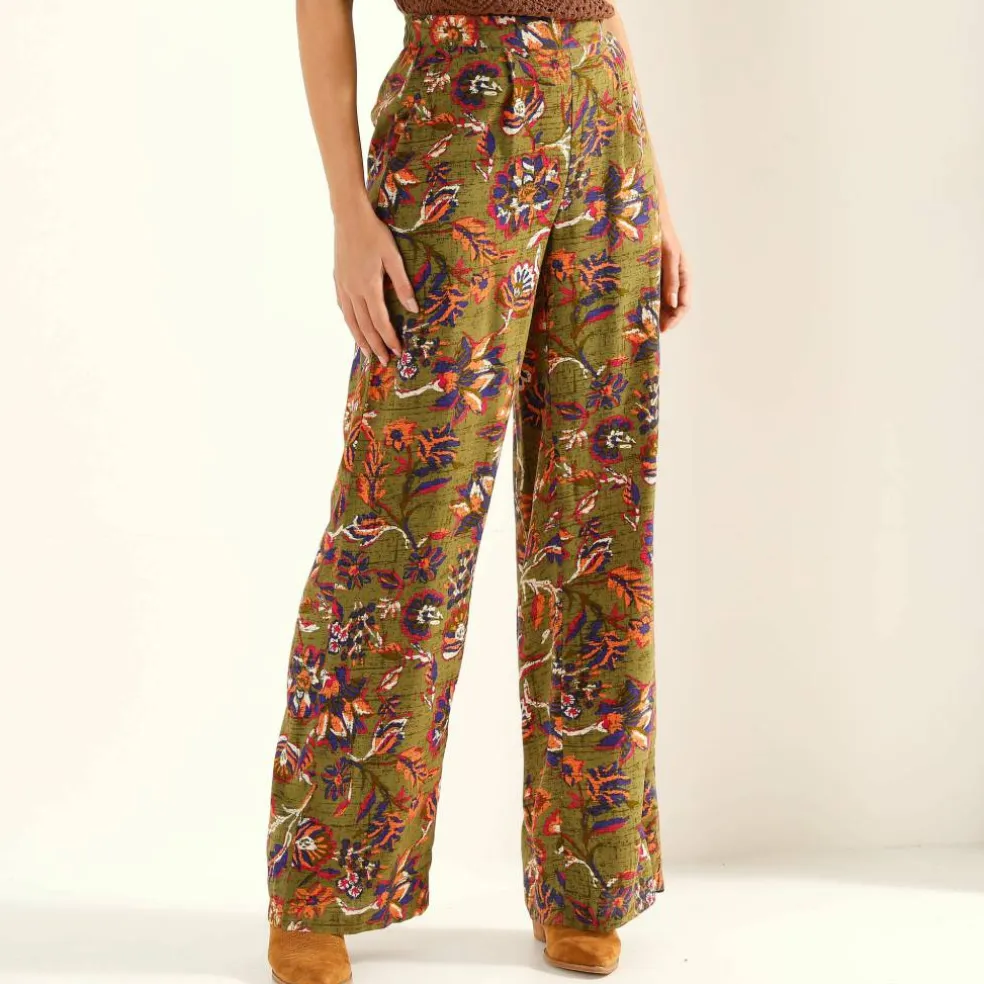 Pantalon large fluide, imprimé fleurs indiennes