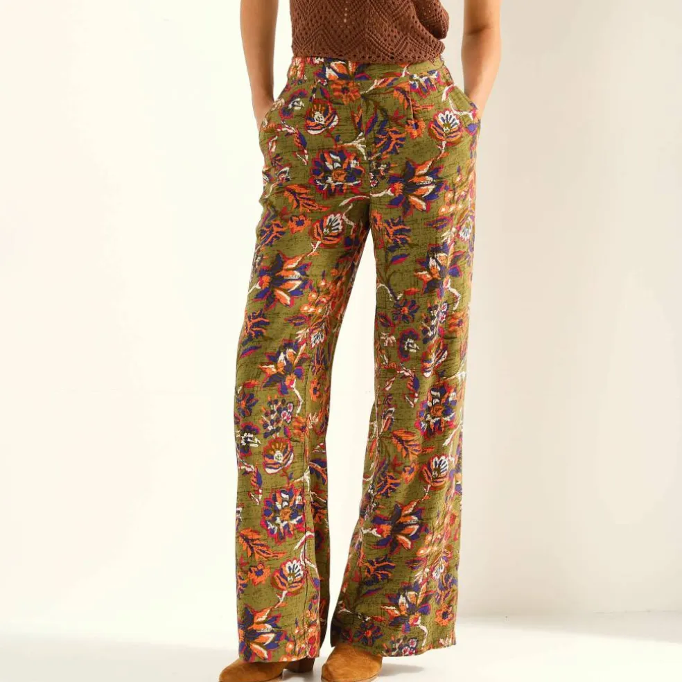 Pantalon large fluide, imprimé fleurs indiennes