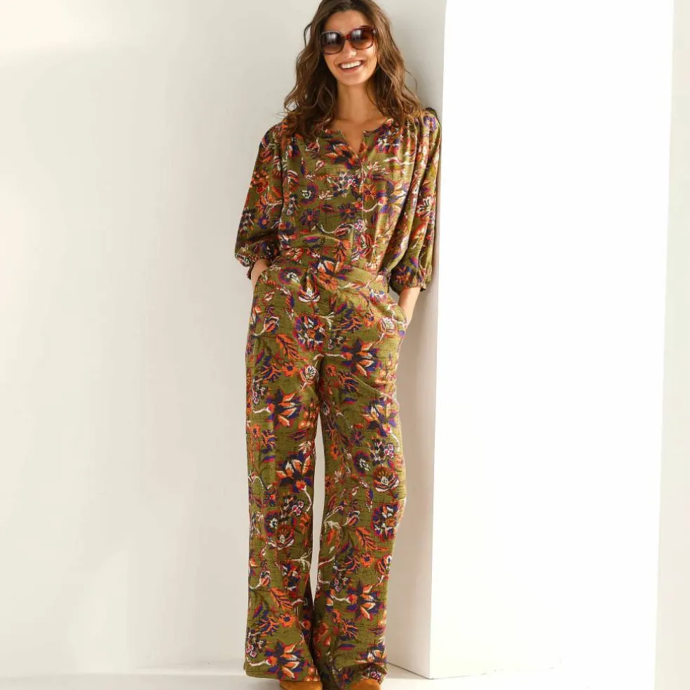 Pantalon large fluide, imprimé fleurs indiennes