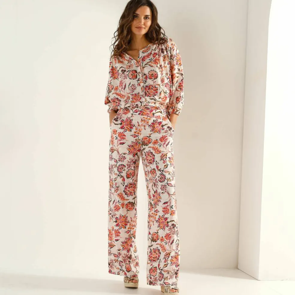 Pantalon large fluide, imprimé fleurs indiennes