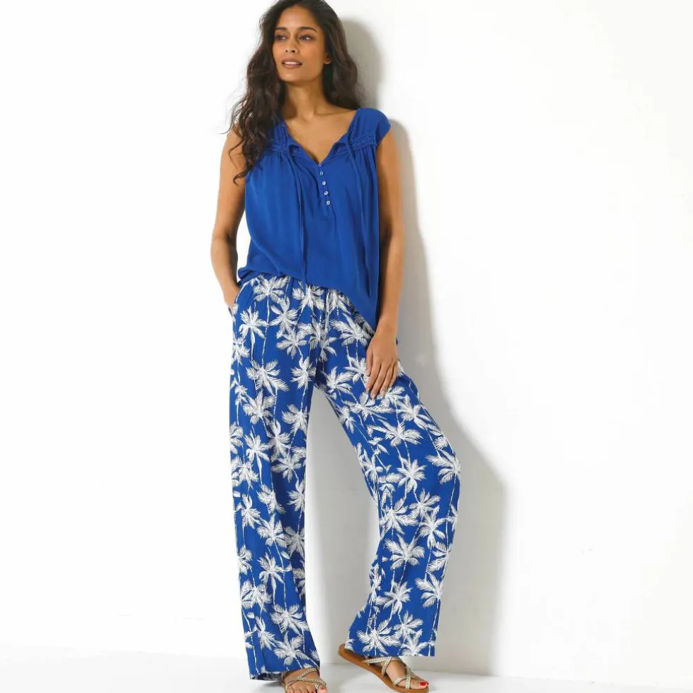 Pantalon large fluide, imprimé palmiers