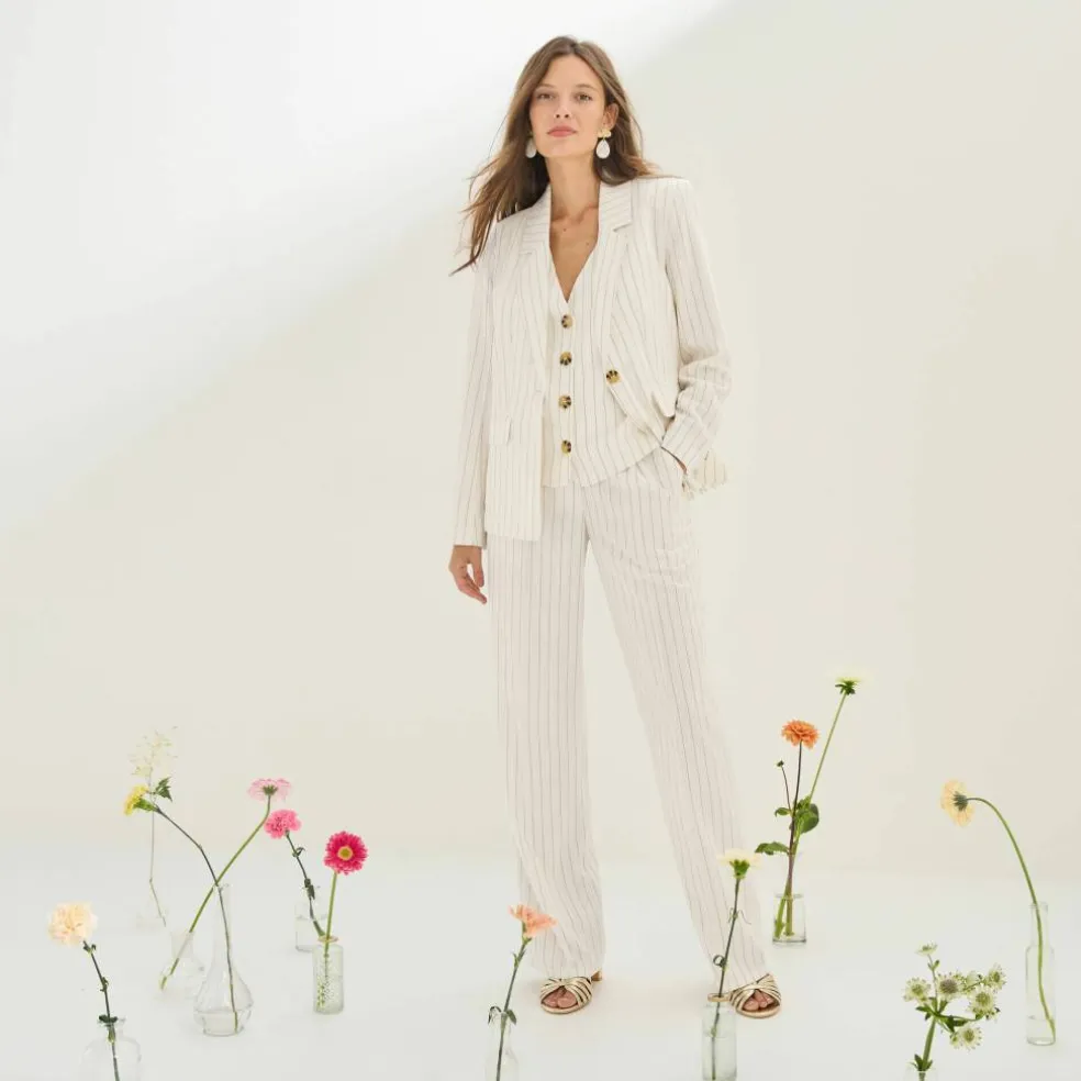 Pantalon large fluide rayé, viscose-lin