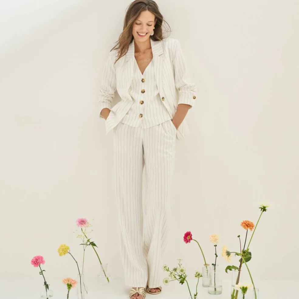Pantalon large fluide rayé, viscose-lin