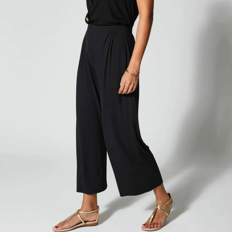 Pantalon large 7/8ème, taille élastiquée, maille unie