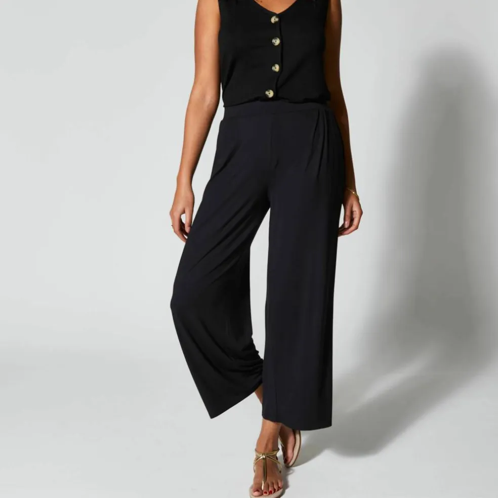 Pantalon large 7/8ème, taille élastiquée, maille unie