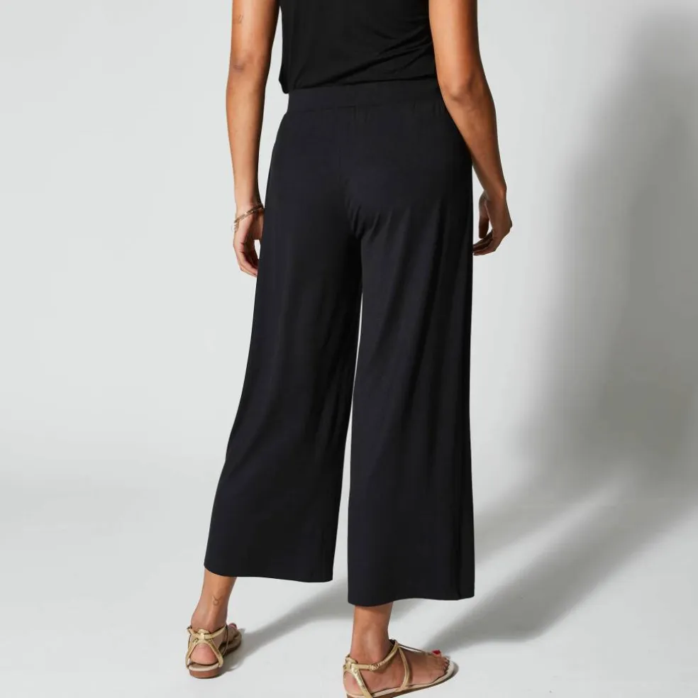 Pantalon large 7/8ème, taille élastiquée, maille unie