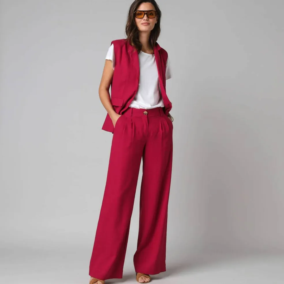 Pantalon large à pinces uni, en viscose-lin