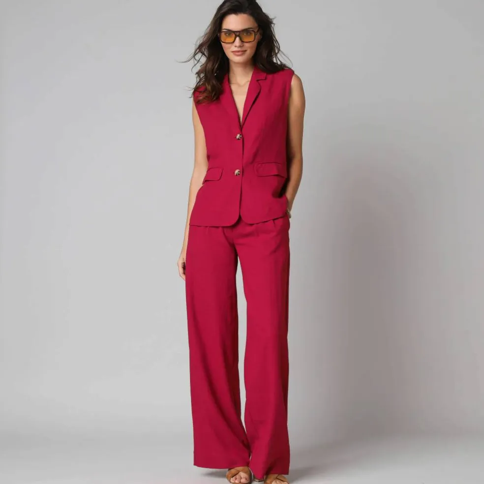 Pantalon large à pinces uni, en viscose-lin
