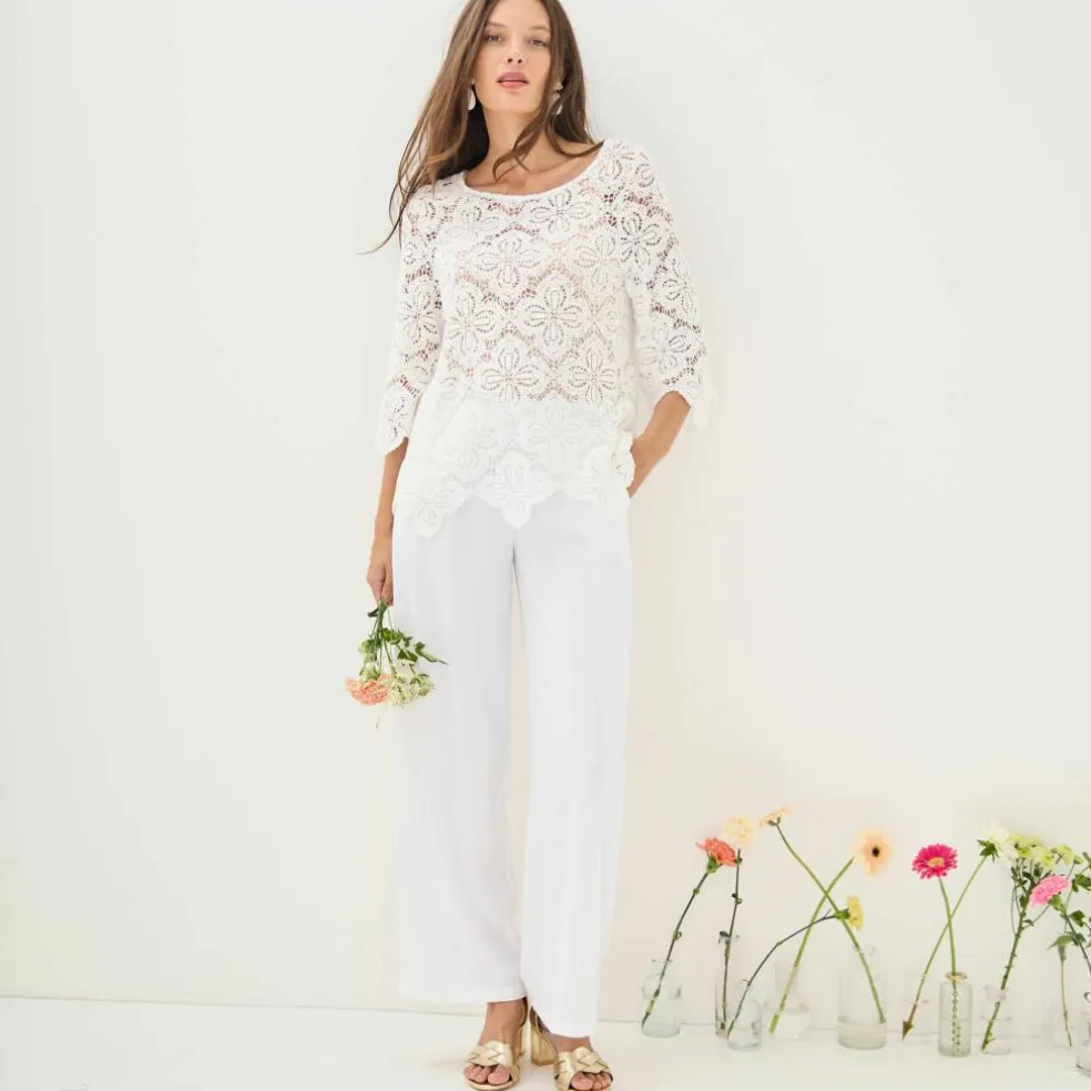 Pantalon large taille haute à enfiler, crêpe fluide