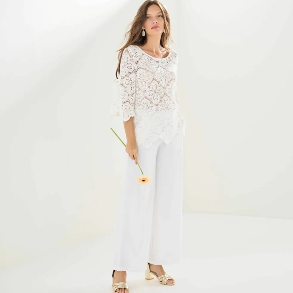 Pantalon large taille haute à enfiler, crêpe fluide