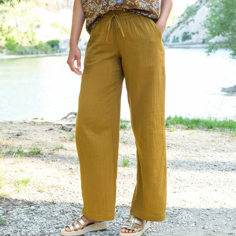 Pantalon large taille haute, gaze de coton
