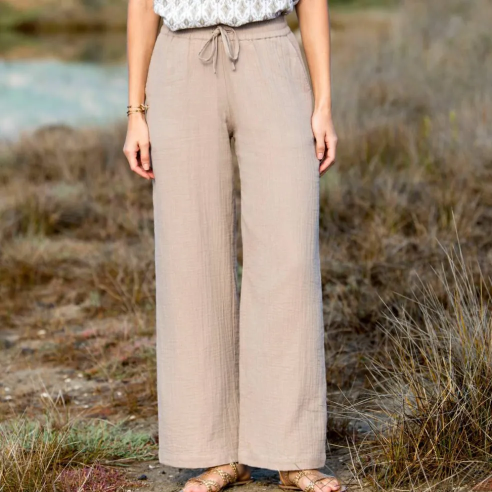 Pantalon large taille haute, gaze de coton
