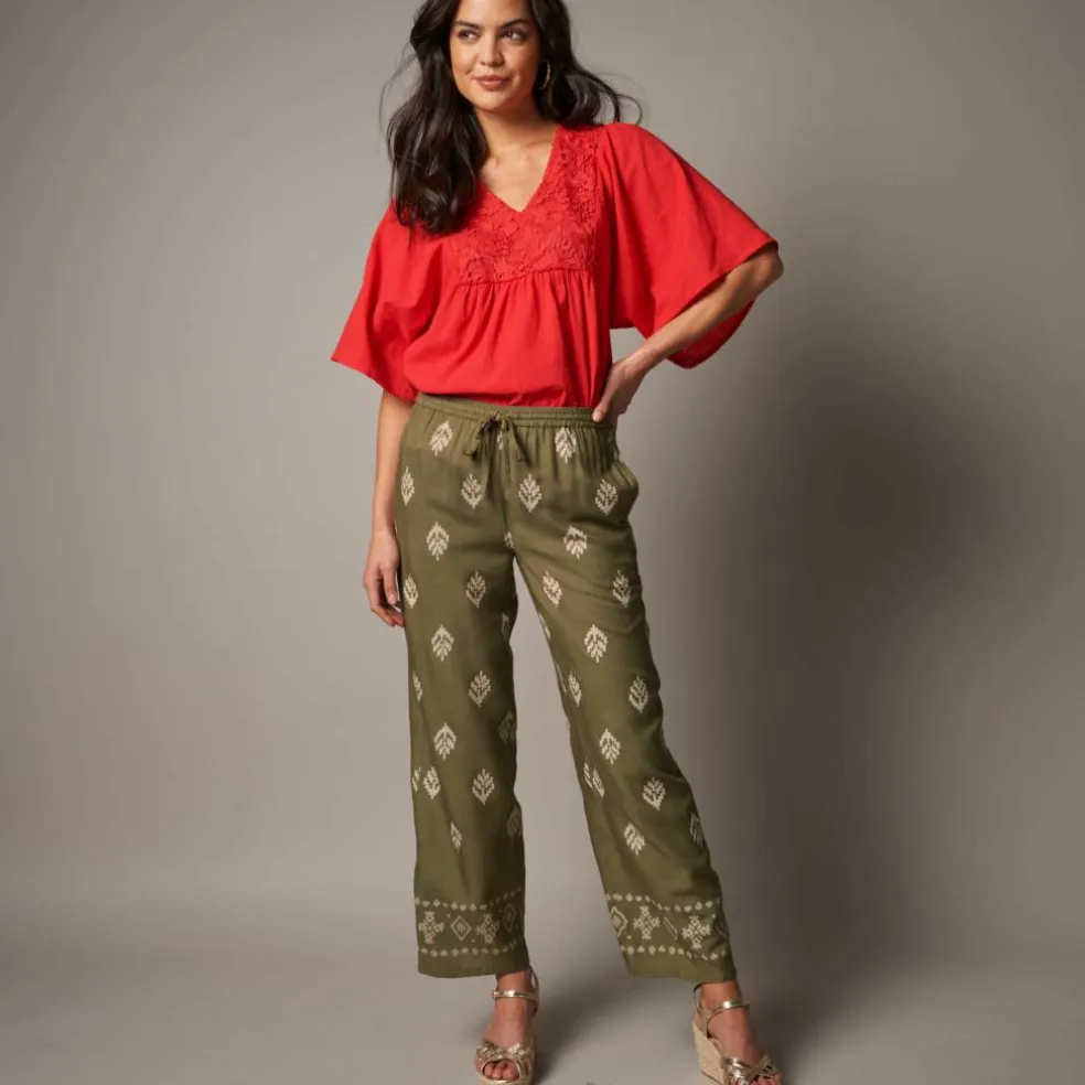 Pantalon large taille haute, viscose imprimée