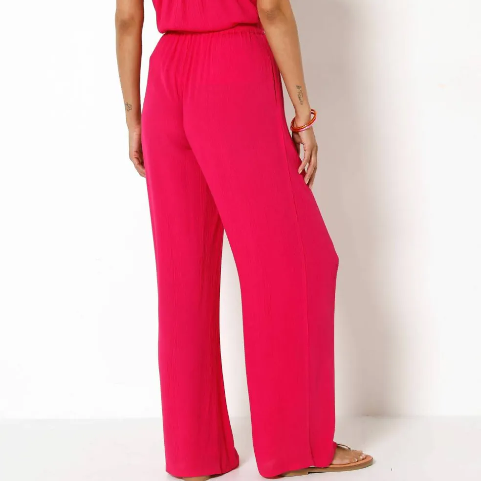 Pantalon large taille élastiquée uni, crépon fluide