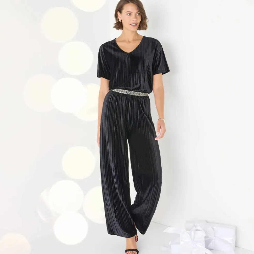 Pantalon large velours reliefé taille élastiquée