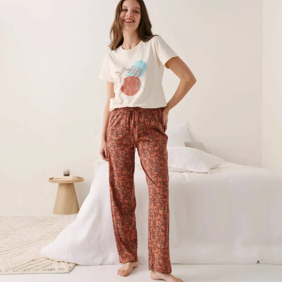 Pantalon pyjama coton imprimé "feuillage" avec lien à nouer