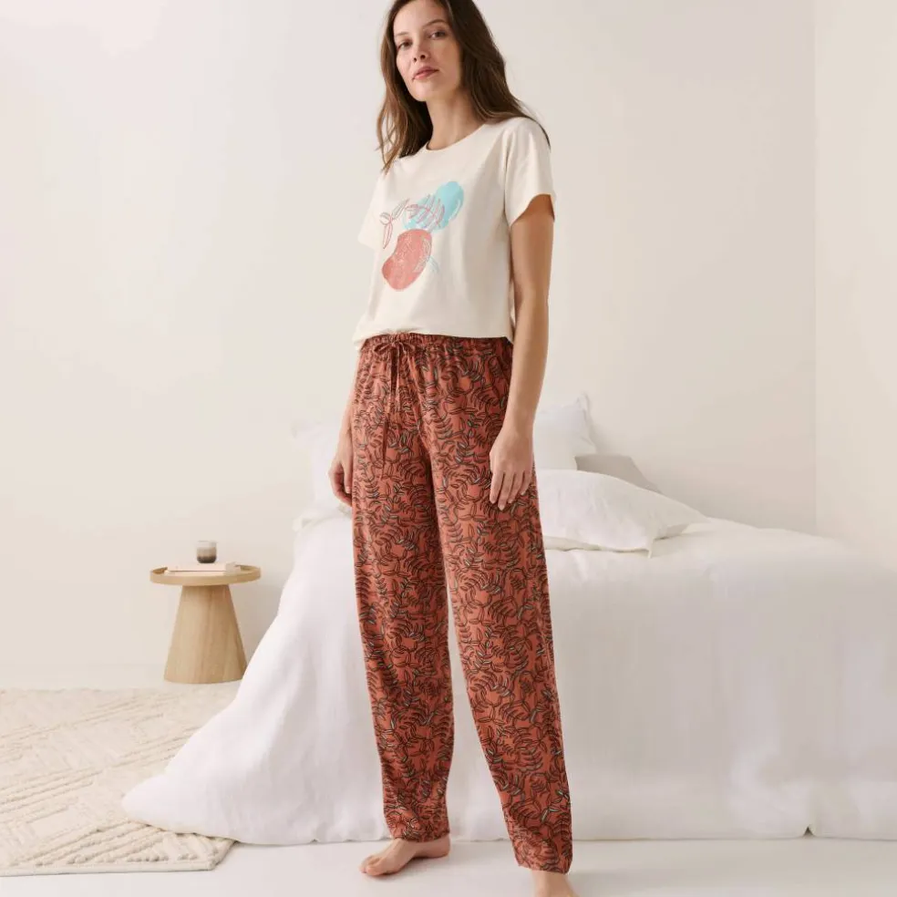 Pantalon pyjama coton imprimé "feuillage" avec lien à nouer