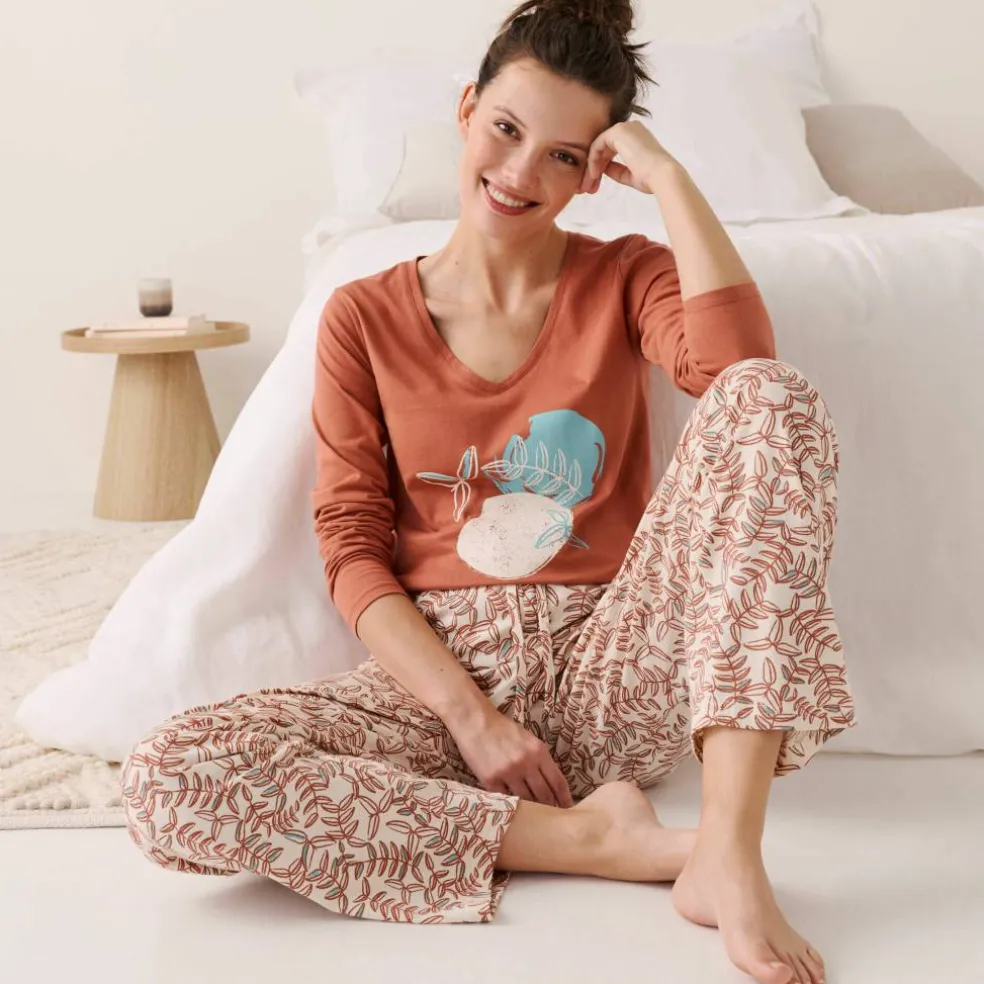 Pantalon pyjama coton imprimé "feuillage" avec lien à nouer