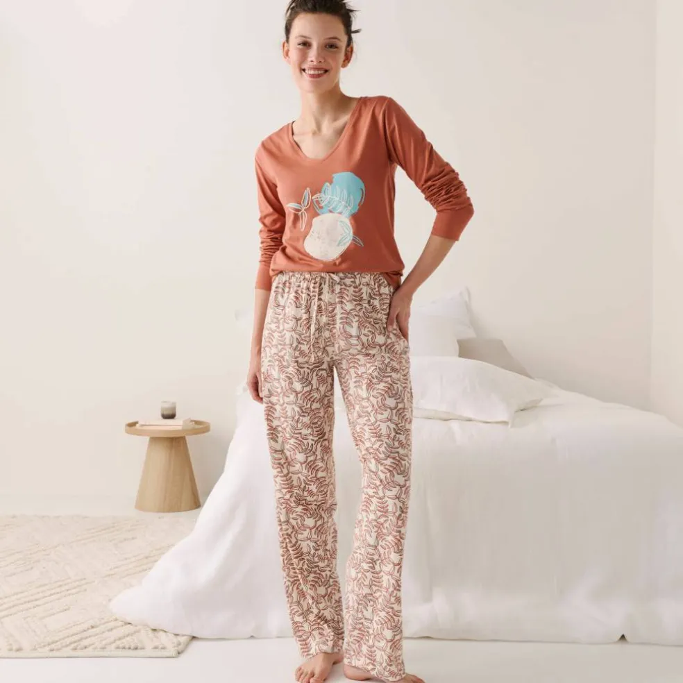 Pantalon pyjama coton imprimé "feuillage" avec lien à nouer