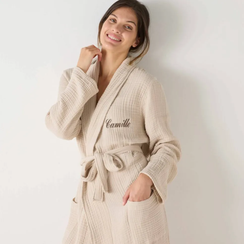 Peignoir col châle mixte triple gaze de coton Colombine®, personnalisable