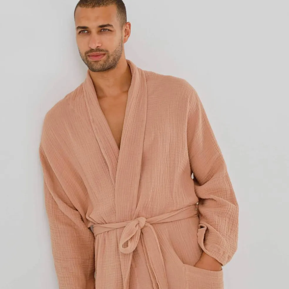 Peignoir de bain mixte col châle - triple gaze de coton