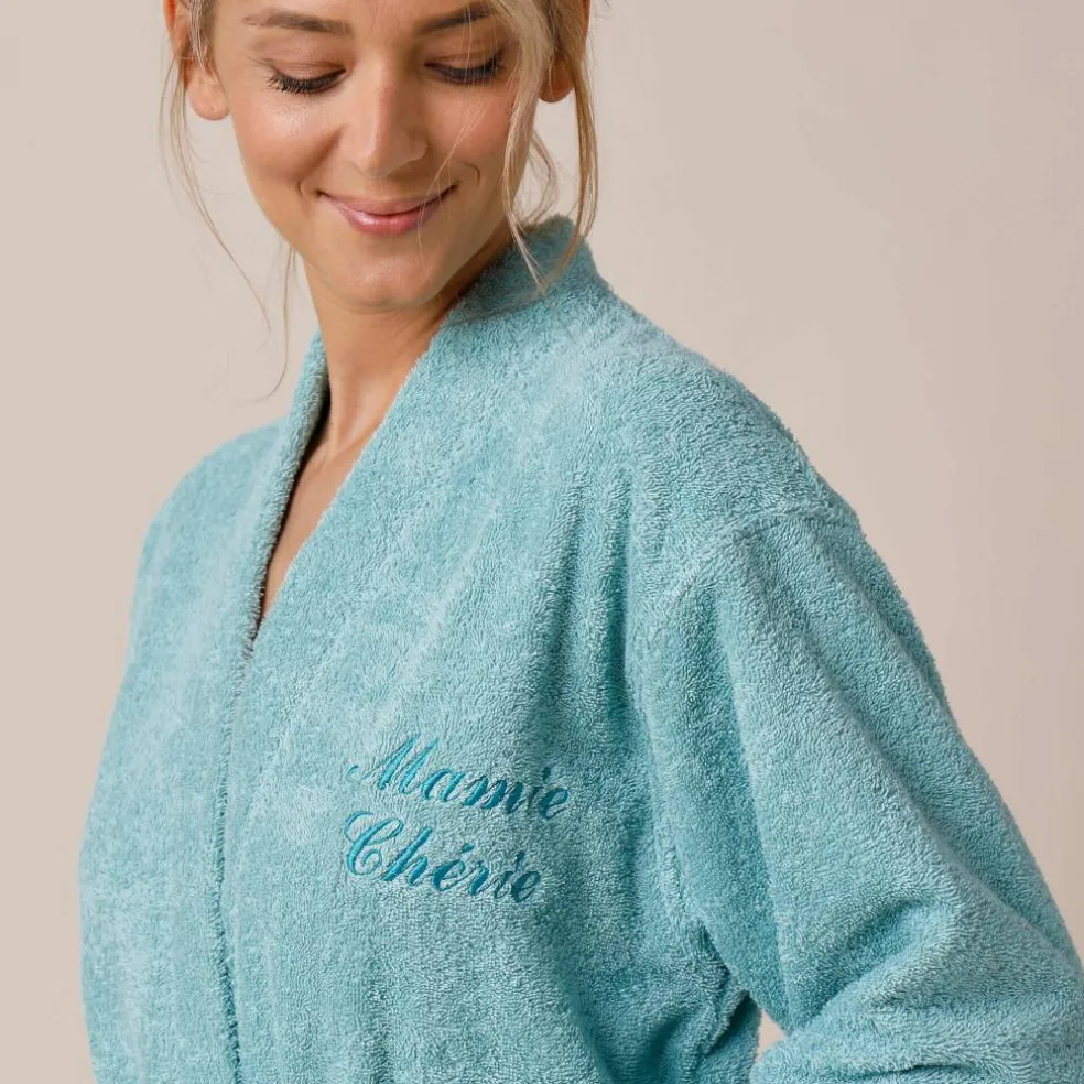Peignoir mixte adulte uni coton éponge bouclette col kimono personnalisable