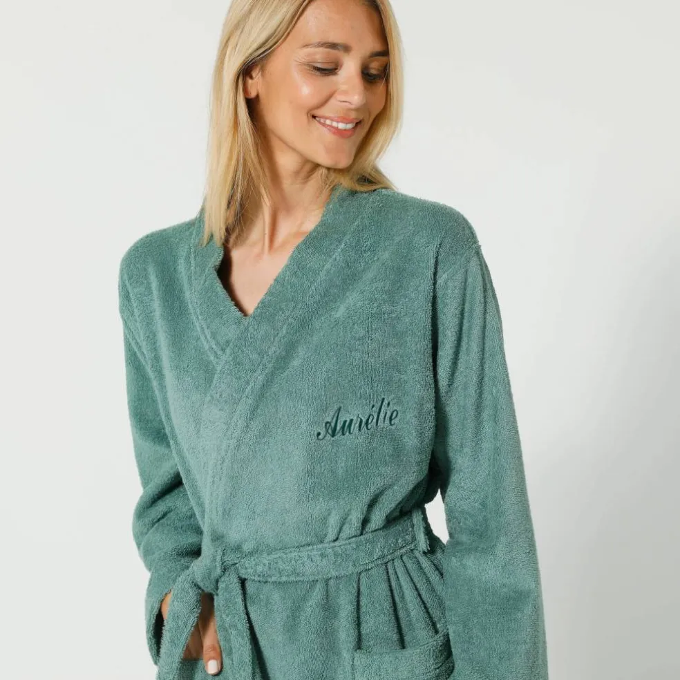 Peignoir mixte adulte uni coton éponge bouclette col kimono personnalisable