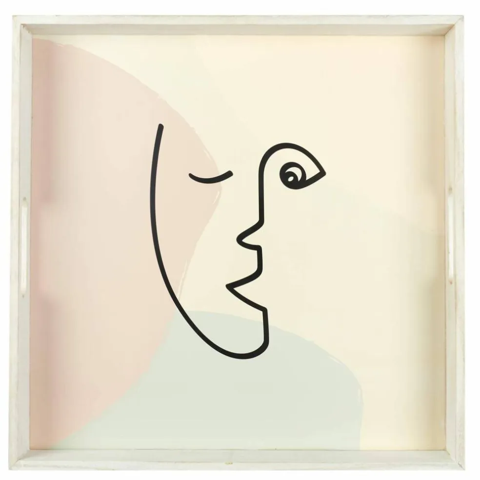 Plateau carré en bois, motif visage
