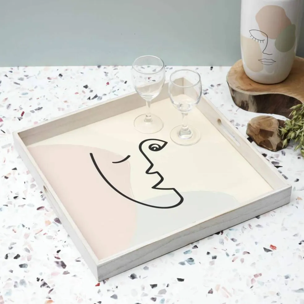 Plateau carré en bois, motif visage
