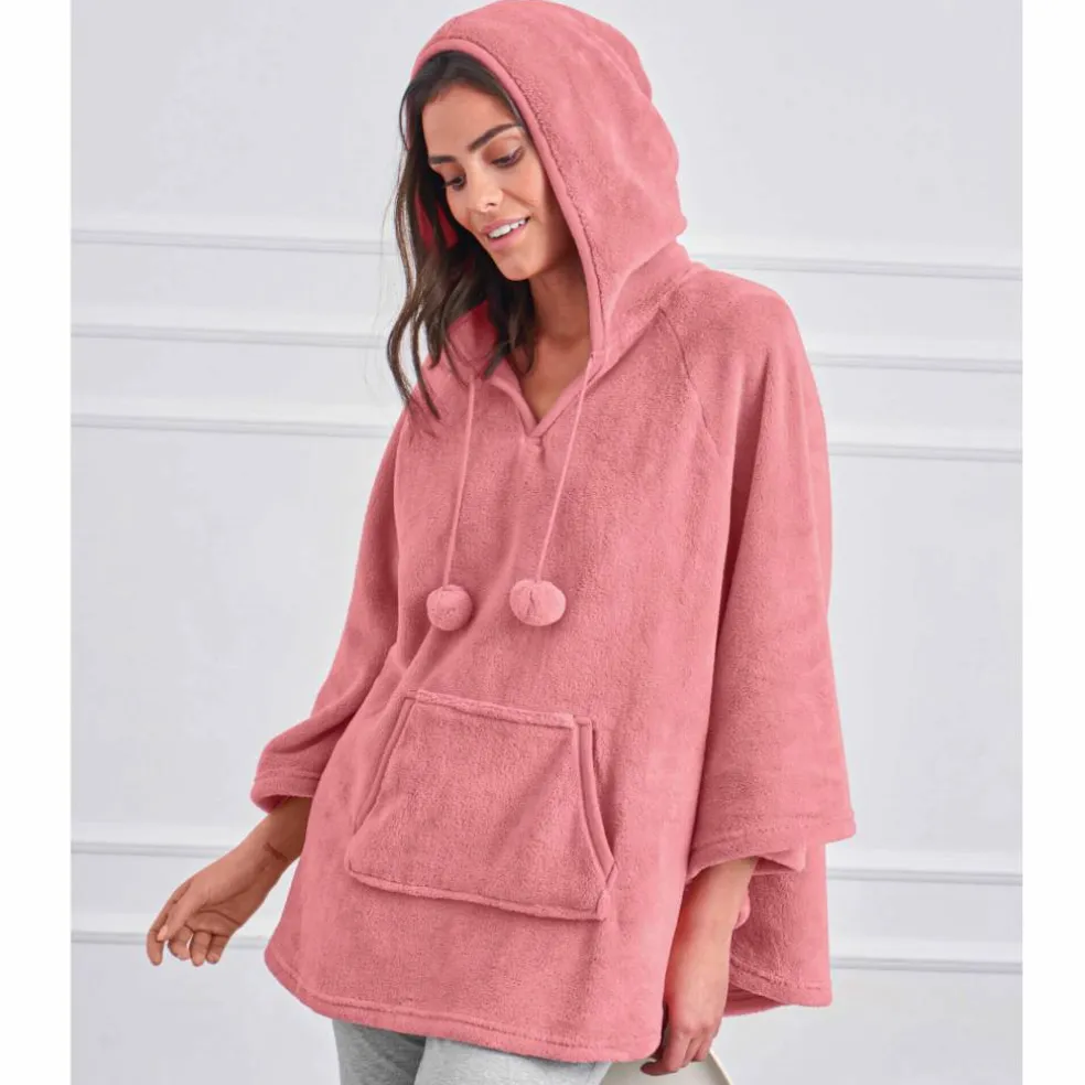 Poncho à capuche, maille polaire toucher peluche