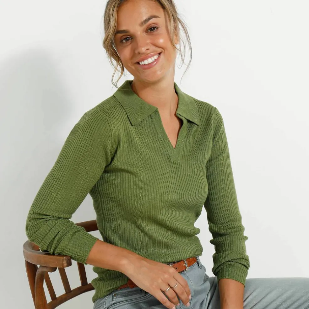 Pull col polo, maille côtelée
