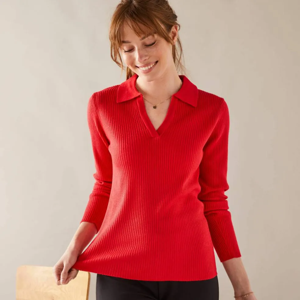 Pull col polo, maille côtelée