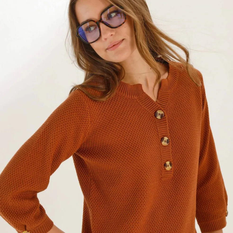 Pull col tunisien manches 3/4, maille fantaisie